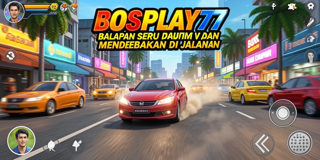 Screenshot utama menunjukkan aksi balapan seru dalam BOSPLAY77.