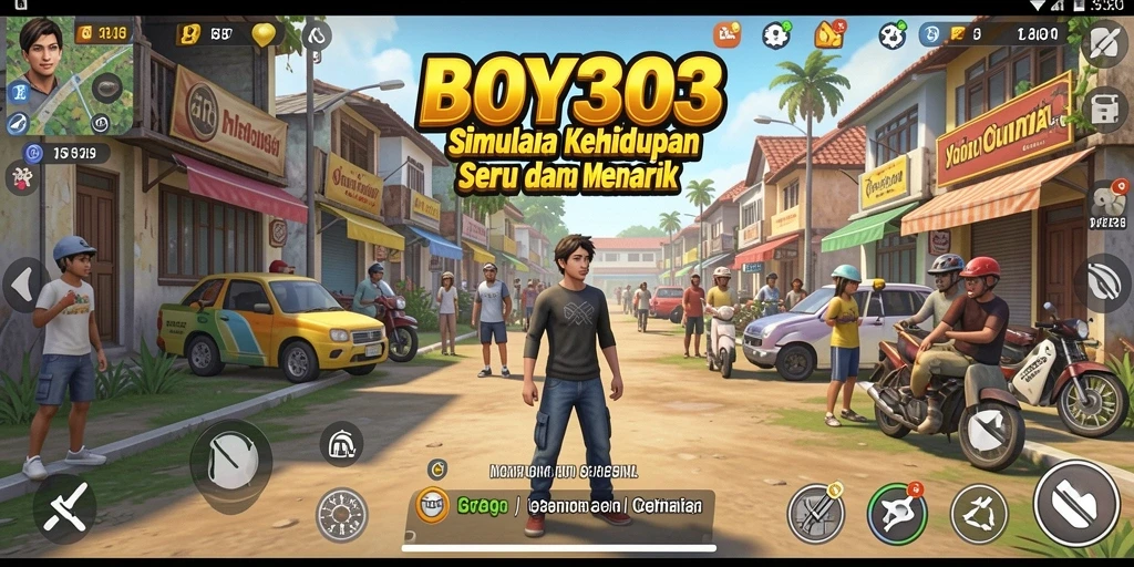 Screenshot menunjukkan karakter utama berinteraksi dalam dunia simulasi.