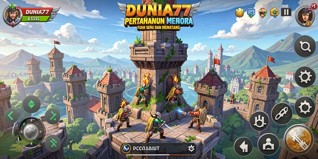 Tampilan epik dari gameplay Tower Defense DUNIA77 yang menarik.