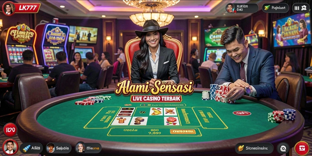 Screenshot gameplay LK777 dengan dealer langsung dan suasana kasino yang hidup.
