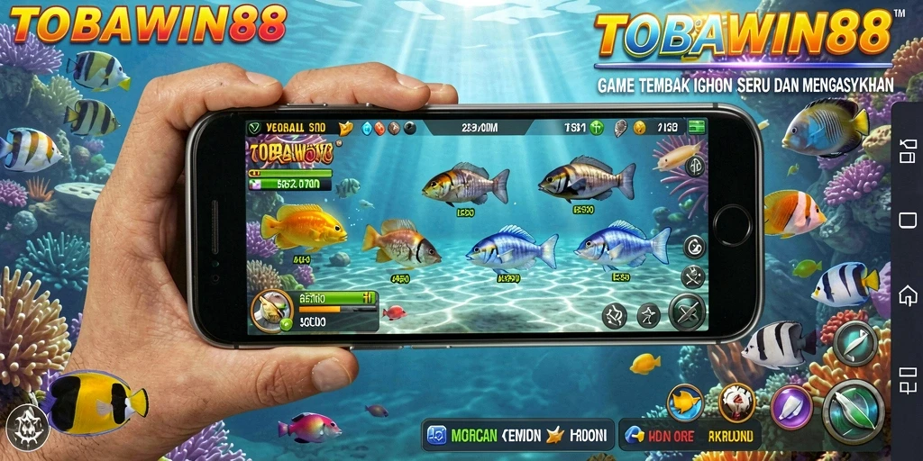 Screenshot gameplay TOBAWIN88 menampilkan aksi seru menangkap ikan.