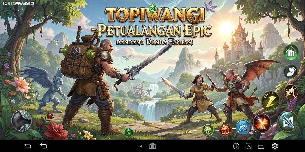 Tangkapan layar utama TOPIWANGI menunjukkan aksi pertempuran epik di dunia fantasi.